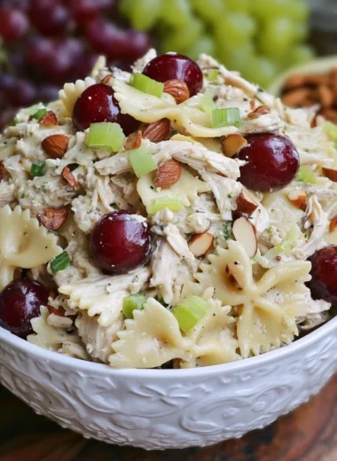 Delicious Waldorf Chicken Pasta Salad with chicken, pasta, and fruits