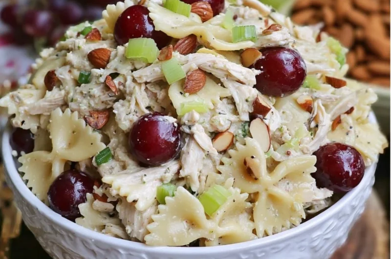 Delicious Waldorf Chicken Pasta Salad with chicken, pasta, and fruits