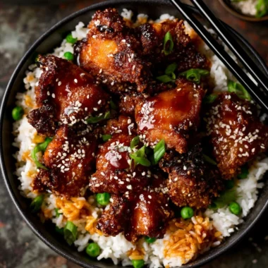 Crispy air fryer sesame chicken served with sesame seeds and garnish