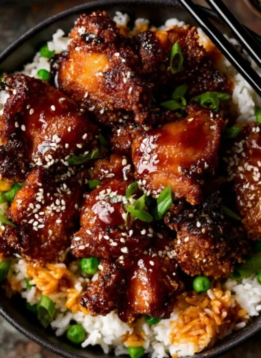 Crispy air fryer sesame chicken served with sesame seeds and garnish