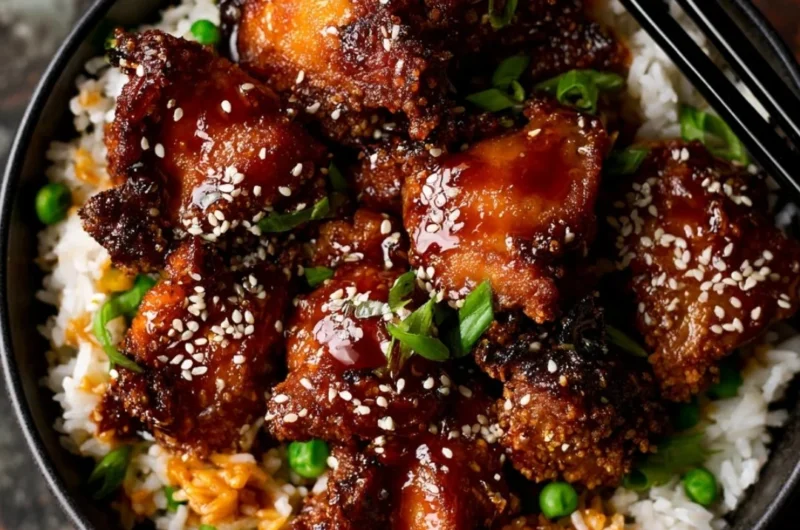 Crispy air fryer sesame chicken served with sesame seeds and garnish