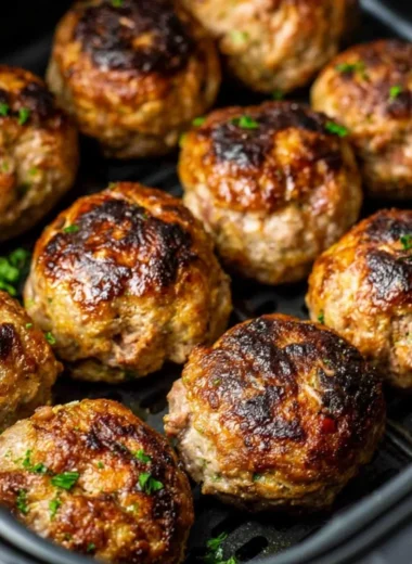 Delicious air fryer meatballs served with marinara sauce and fresh herbs