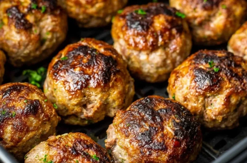 Delicious air fryer meatballs served with marinara sauce and fresh herbs