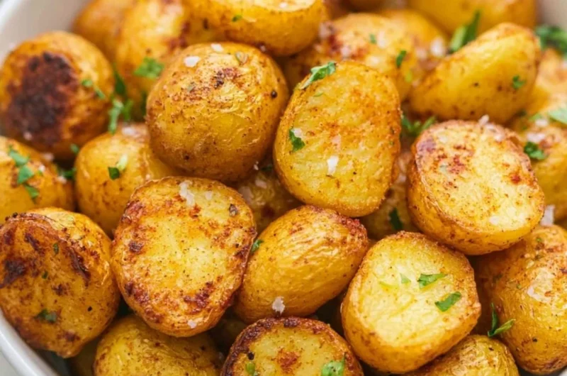 Delicious air fryer roasted potatoes garnished and ready to serve.