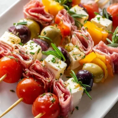 Colorful antipasto skewers with meats, cheeses, and veggies on a platter