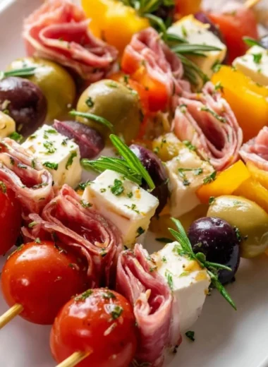 Colorful antipasto skewers with meats, cheeses, and veggies on a platter