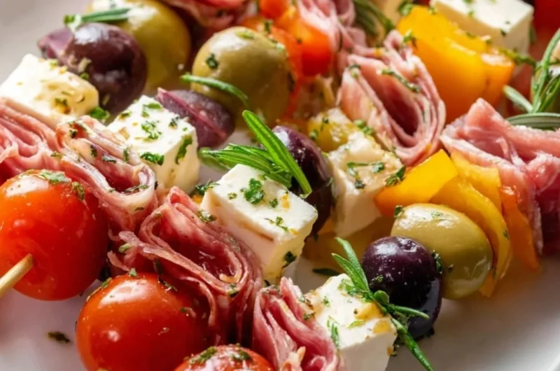 Colorful antipasto skewers with meats, cheeses, and veggies on a platter