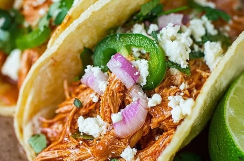 Delicious authentic Chicken Tinga served in a bowl with cilantro and lime