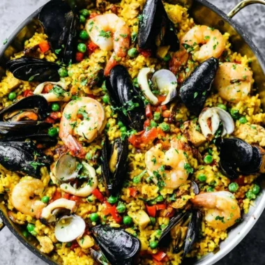 A traditional dish of authentic paella served with seafood and fresh vegetables