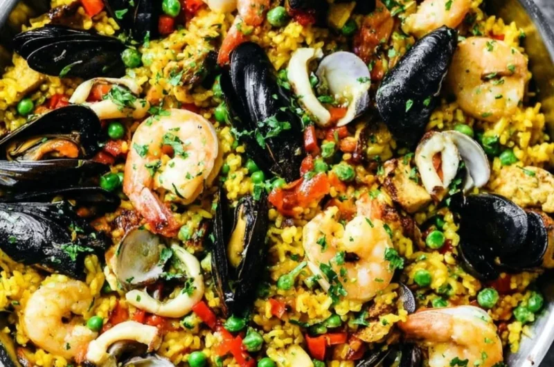 A traditional dish of authentic paella served with seafood and fresh vegetables