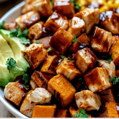 BBQ Chicken Sweet Potato Bowl garnished with fresh herbs and vegetables