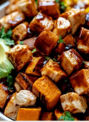 BBQ Chicken Sweet Potato Bowl garnished with fresh herbs and vegetables