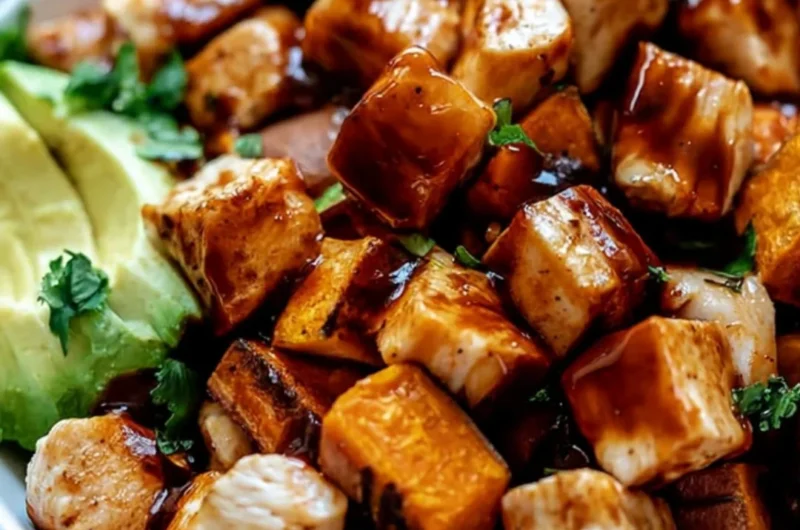 BBQ Chicken Sweet Potato Bowl garnished with fresh herbs and vegetables