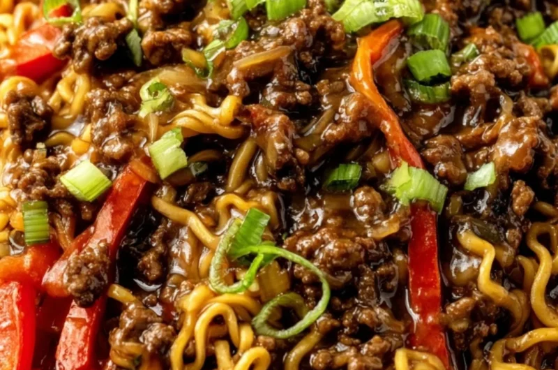 Delicious beef ramen noodles stir fry served in a bowl with fresh vegetables
