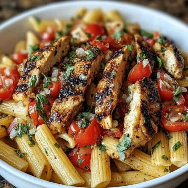 Delicious Bruschetta Chicken Pasta with grilled chicken and fresh tomatoes