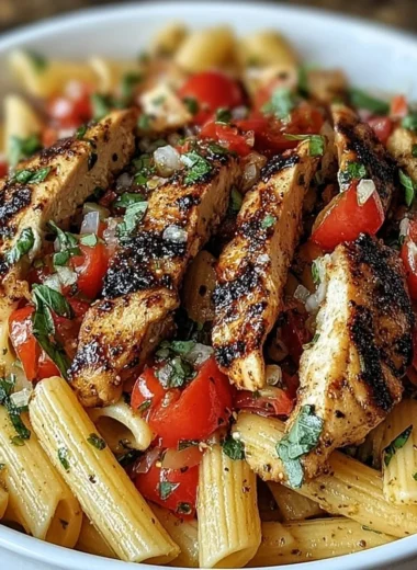 Delicious Bruschetta Chicken Pasta with grilled chicken and fresh tomatoes