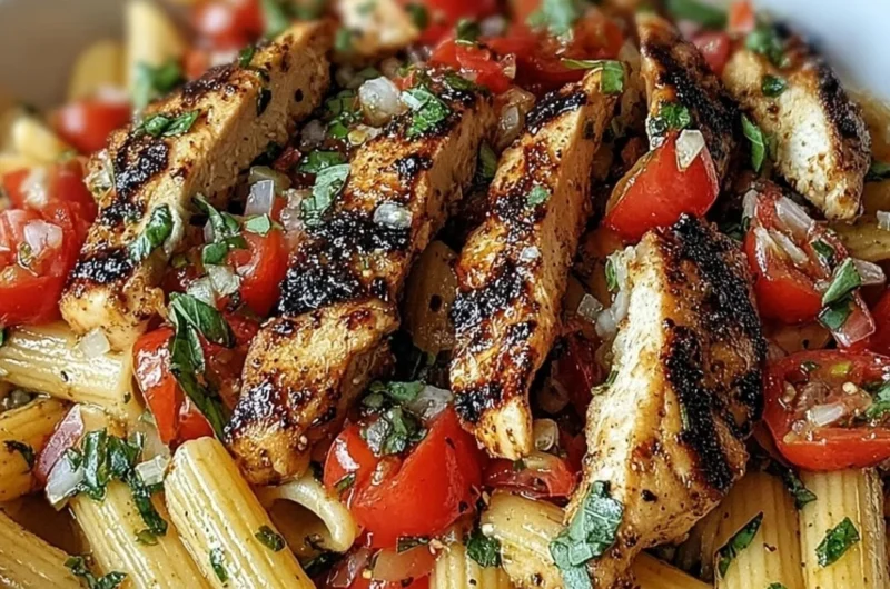Delicious Bruschetta Chicken Pasta with grilled chicken and fresh tomatoes