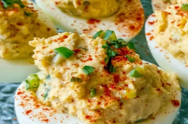 Plate of flavorful Cajun Deviled Eggs with a spicy seasoning