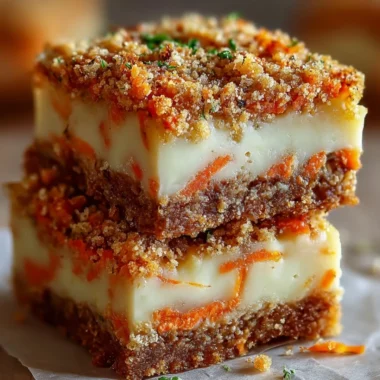 Carrot cake cream cheese bars topped with creamy frosting on a plate