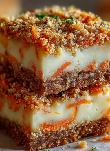 Carrot cake cream cheese bars topped with creamy frosting on a plate