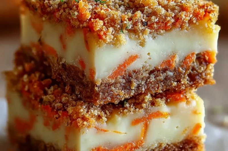 Carrot cake cream cheese bars topped with creamy frosting on a plate