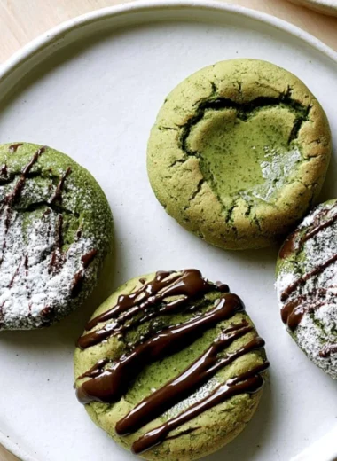 Delicious chewy matcha mochi bites arranged on a plate.