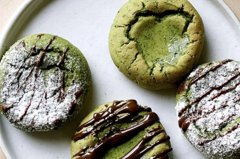 Delicious chewy matcha mochi bites arranged on a plate.