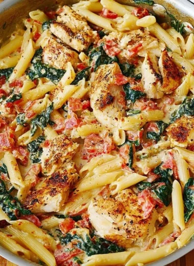 Chicken bacon dish with spinach and tomatoes in garlic cream sauce
