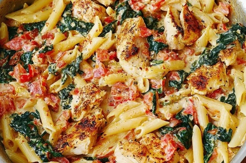 Chicken bacon dish with spinach and tomatoes in garlic cream sauce