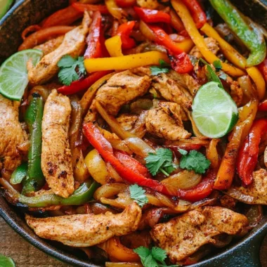 Colorful plate of grilled chicken fajitas with peppers and onions