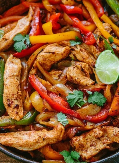 Colorful plate of grilled chicken fajitas with peppers and onions