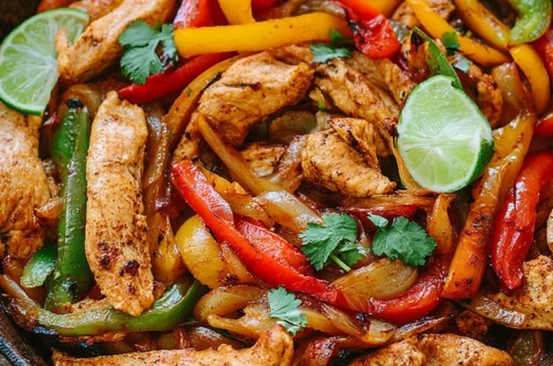 Colorful plate of grilled chicken fajitas with peppers and onions