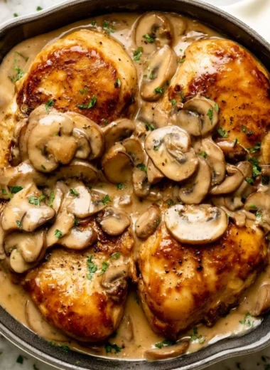 Delicious Chicken Marsala served with mushrooms in a wine sauce