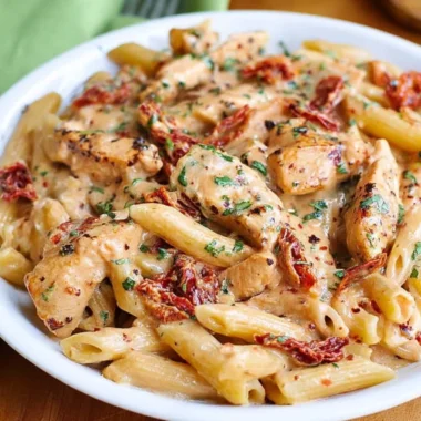 Plate of Chicken Sun-Dried Tomato Pasta topped with mozzarella sauce
