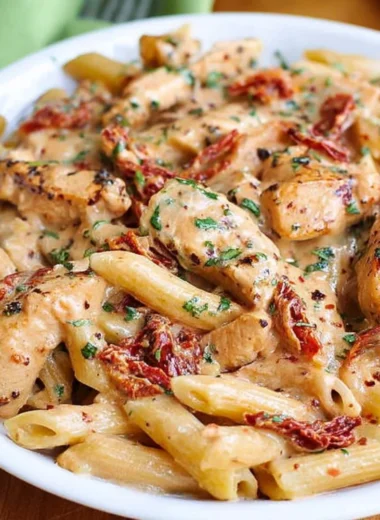 Plate of Chicken Sun-Dried Tomato Pasta topped with mozzarella sauce