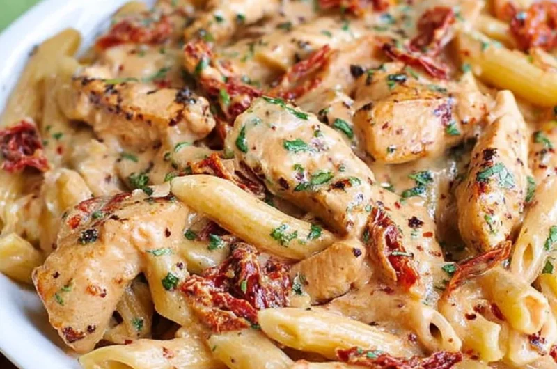 Plate of Chicken Sun-Dried Tomato Pasta topped with mozzarella sauce