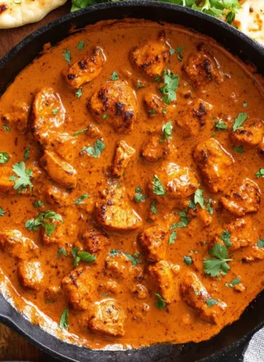 Delicious Chicken Tikka Masala served with rice and naan bread