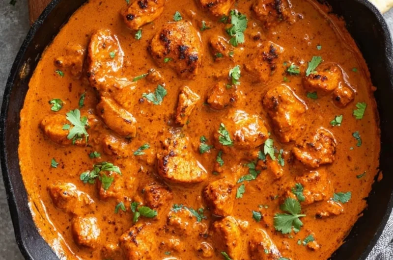 Delicious Chicken Tikka Masala served with rice and naan bread