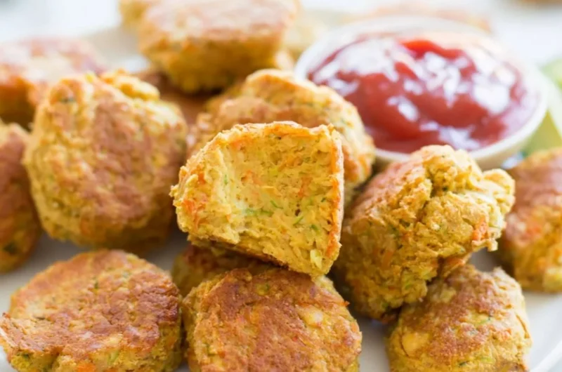 Plate of crispy chickpea nuggets served with dipping sauce