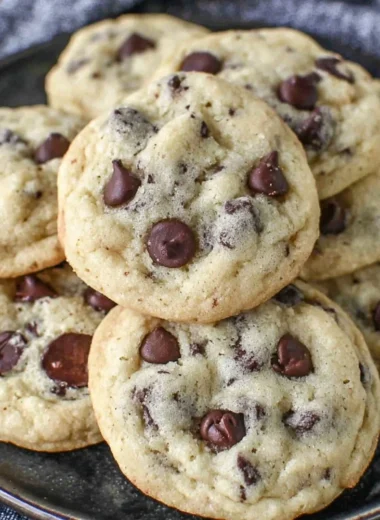 Plate of chocolate chip yogurt cookies with chocolate chips and yogurt background