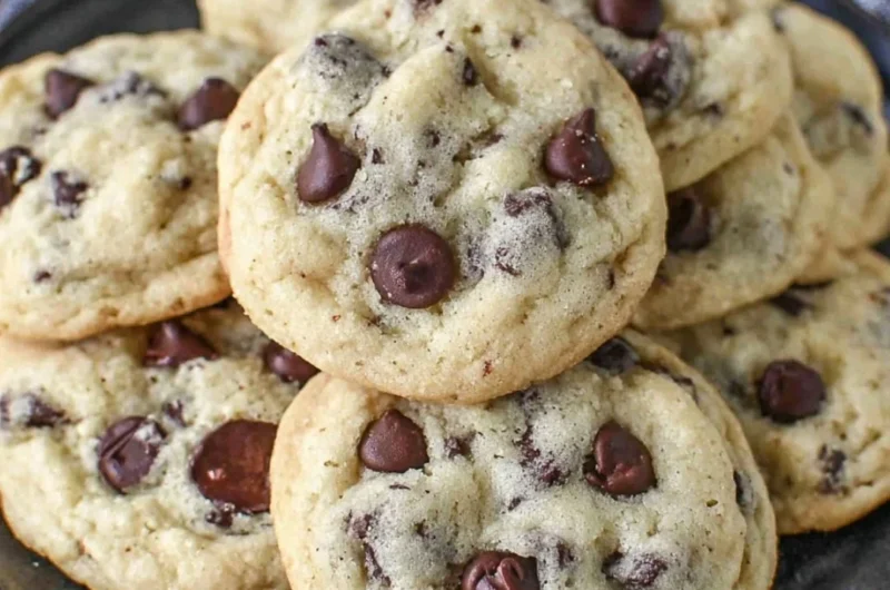 Plate of chocolate chip yogurt cookies with chocolate chips and yogurt background