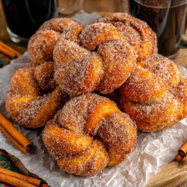 Freshly baked cinnamon sugar twist donuts on a plate