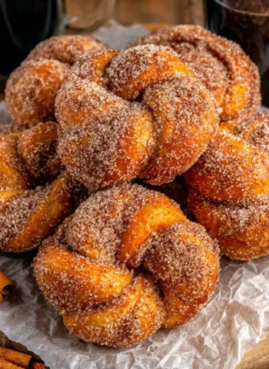 Freshly baked cinnamon sugar twist donuts on a plate