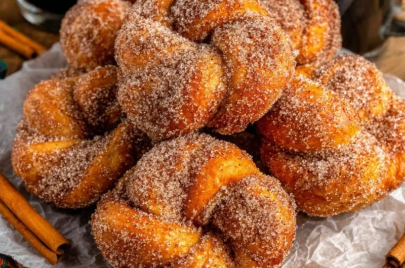 Freshly baked cinnamon sugar twist donuts on a plate