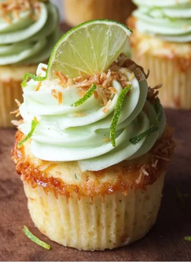Coconut cupcakes with lime buttercream frosting on a beautiful display
