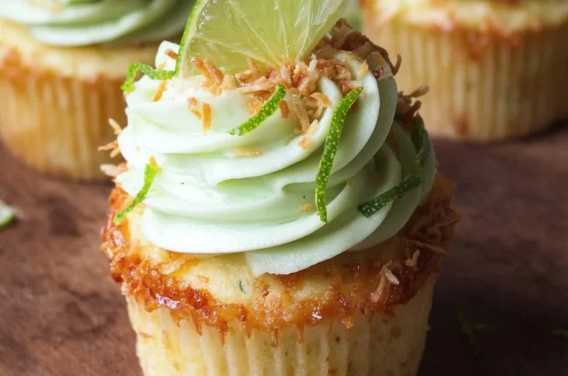 Coconut cupcakes with lime buttercream frosting on a beautiful display