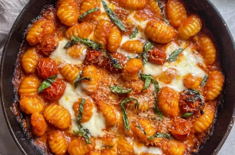 Creamy tomato gnocchi served in a bowl garnished with basil.