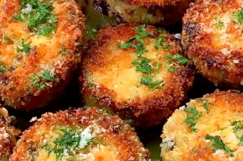 Plate of crispy breaded eggplant garnished with herbs
