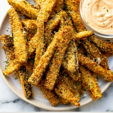 Plate of crispy eggplant fries served with dipping sauce