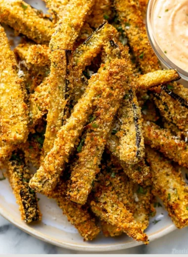 Plate of crispy eggplant fries served with dipping sauce